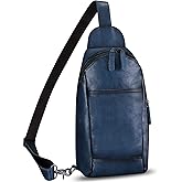 FEIGITOR Genuine Leather Sling Bag Handmade Retro Crossbody Sling Backpack Purse Chest Shoulder Hiking Daypack Fanny Pack (Blue)