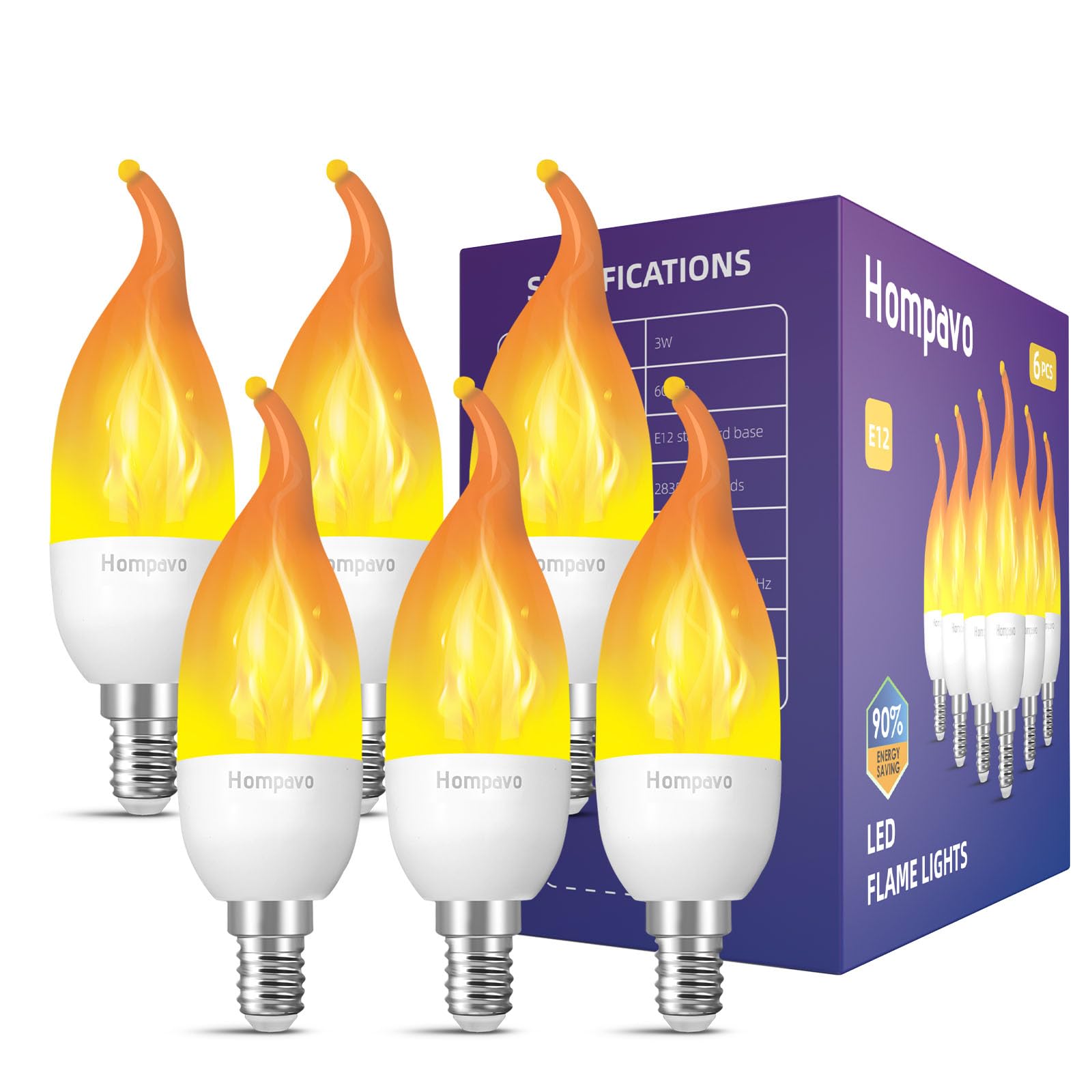 Photo 1 of Hompavo ?Upgraded? LED Flame Light Bulbs, 3 Modes Flickering Light Bulbs, E12 Chandelier Base Candle Fire Light Bulb for Halloween Christmas Party Porch Indoor & Outdoor Home Decoration - 6 Pack