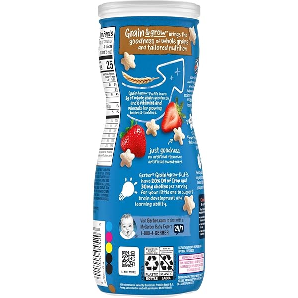 GERBER STAGE 3 BABY SNACKS, STRAWBERRY APPLE PUFFS, PUFFED GRAIN SNACK, BABY LED FEEDING, IRON & CHOLINE, STRAWBERRY APPLE PUFFS SNACKS