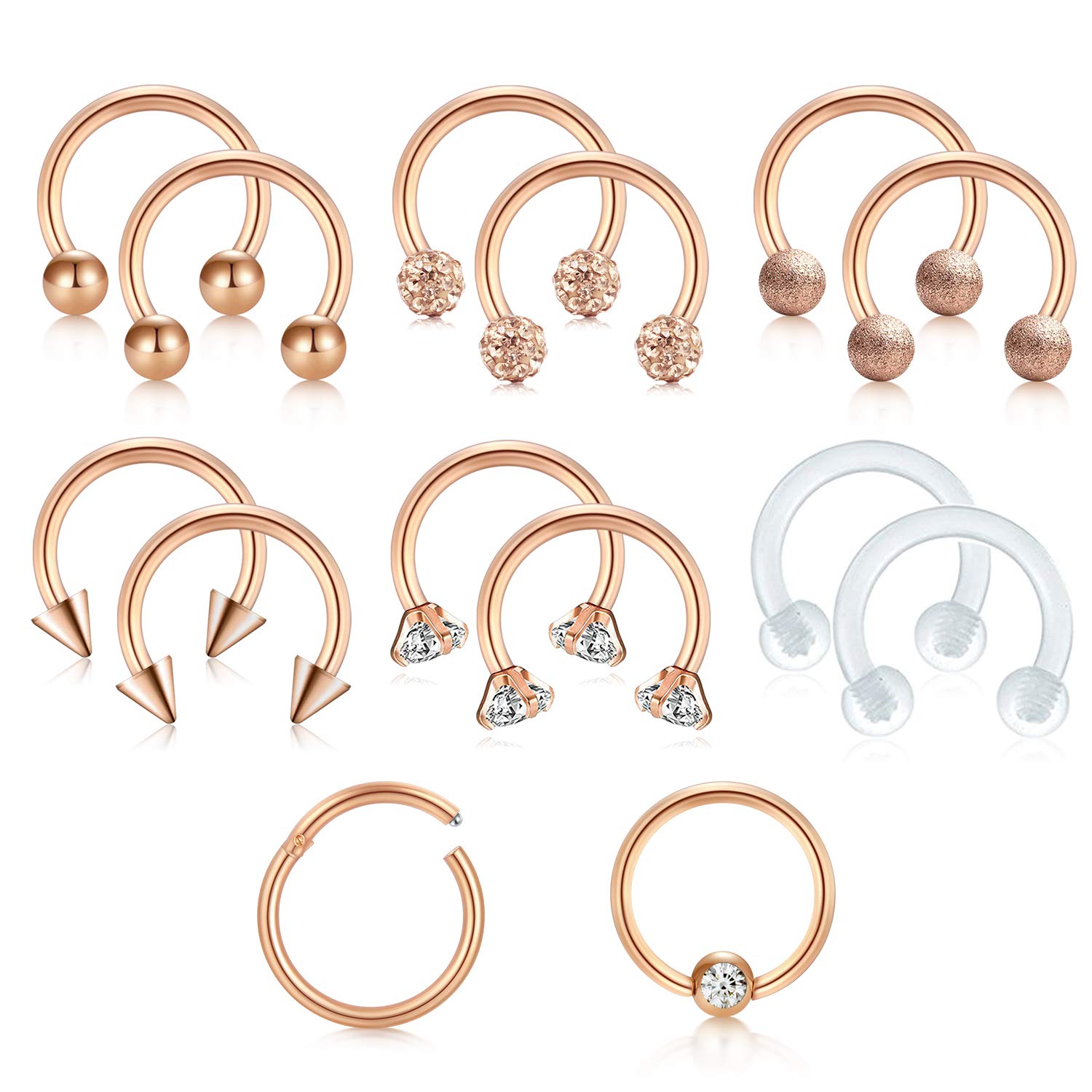 AceFun 14Pcs Septum Rings 16G Steel Nose Septum Hoop Rings Retainer Body Piercing Jewelry with Clear Diamond CZ Women Men U Shaped Rose Gold Helix Tragus Lip Cartilage Earrings Barbell