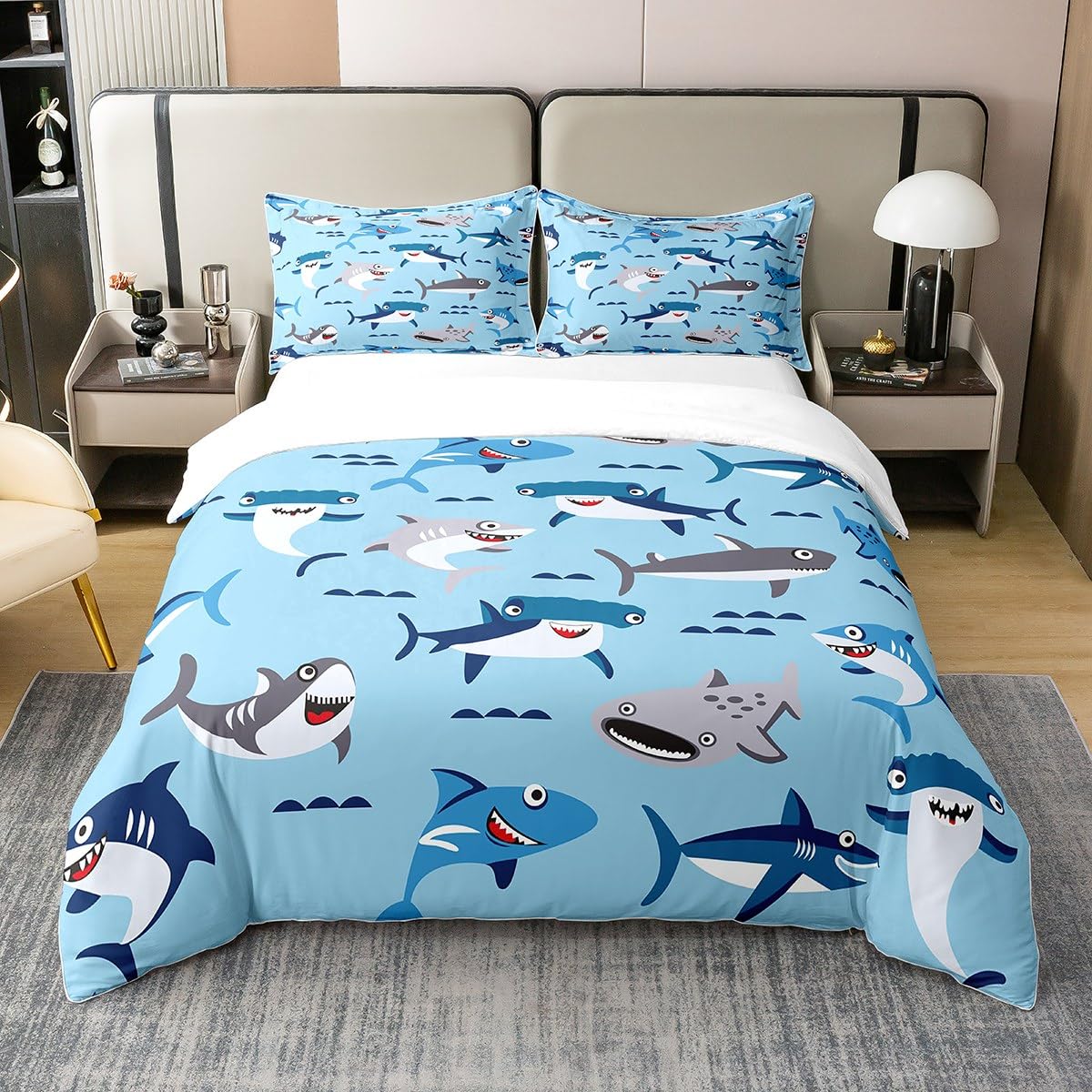 Shark 100% Cotton Duvet Cover King Size Ocean Sea Animal Bedding 100% Cotton Set for Kids Boys Girls Teens Room Decor Sea Underwater World Comforter Cover Set Bedspread Cover 3Pcs Zipper
