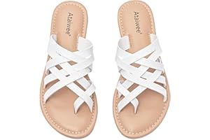 Ataiwee Women's Slide Flat Sandals - Comfortable Slip On Plait Toe Thong Strappy Spring Summer Shoes.
