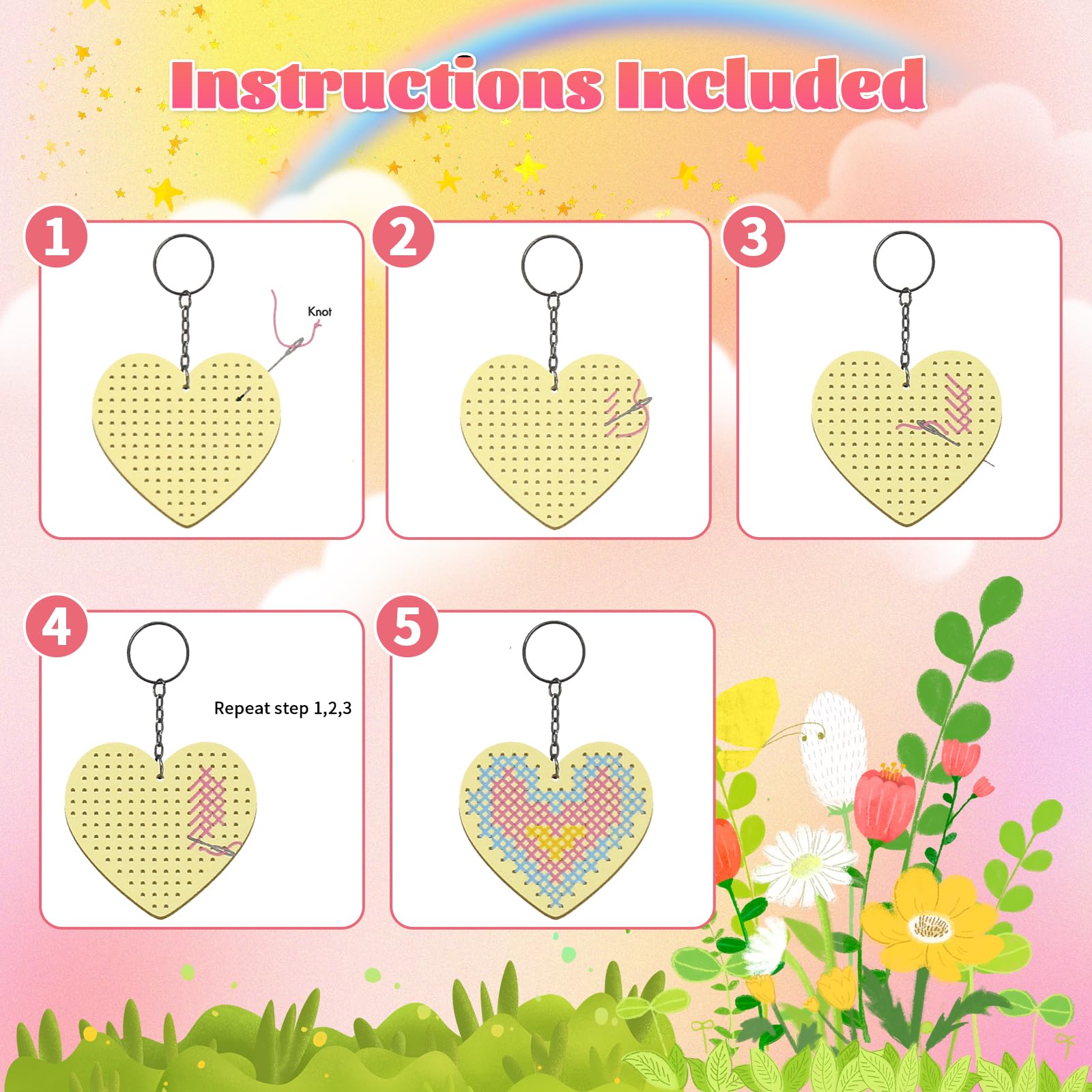 VKPI Wooden Cross Stitch Kits for Kids, Make Your Own 6 Cross Stitching Keyrings, Wood Sewing Kit, Arts & Crafts Stars, Hearts Ornaments, Plastic Needle Embroidery Kit for Beginners, Girls, 6-13
