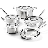All-Clad D5 Brushed 5 Ply Stainless Steel Cookware Set 10 Piece w/ Frying Pans, Pots and Pans Set, Induction, Oven Broiler Safe 600F, Silver