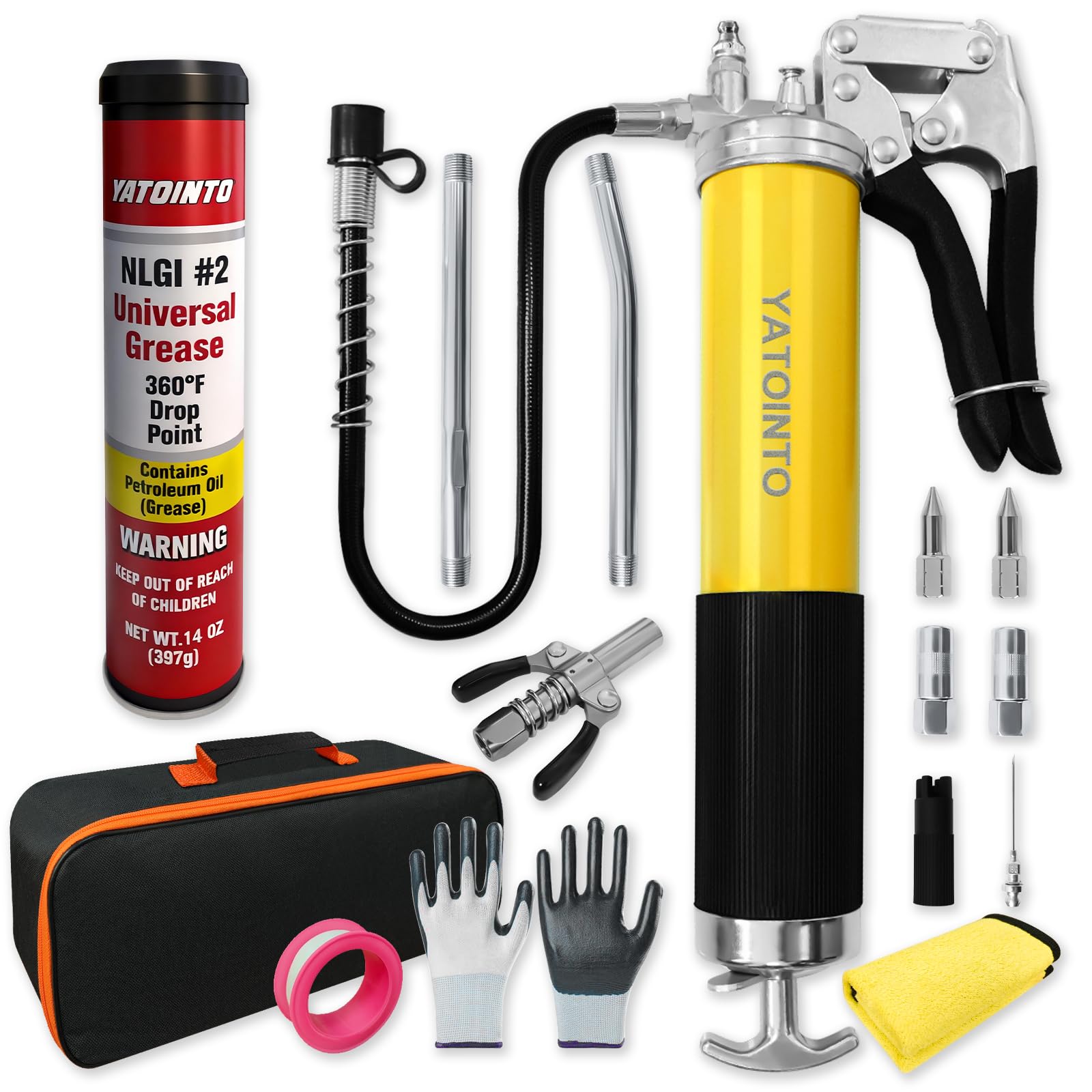 Photo 1 of YATOINTO 16 Pcs 14oz Grease Gun Kit,7000 PSI Leak-Proof Spray Grease Gun,Universal NLGI #2 Grease Cartridge,18" Spring Hose,Double Handle Nozzle,Coupler,Teflon Tape and Other Accessories,Yellow