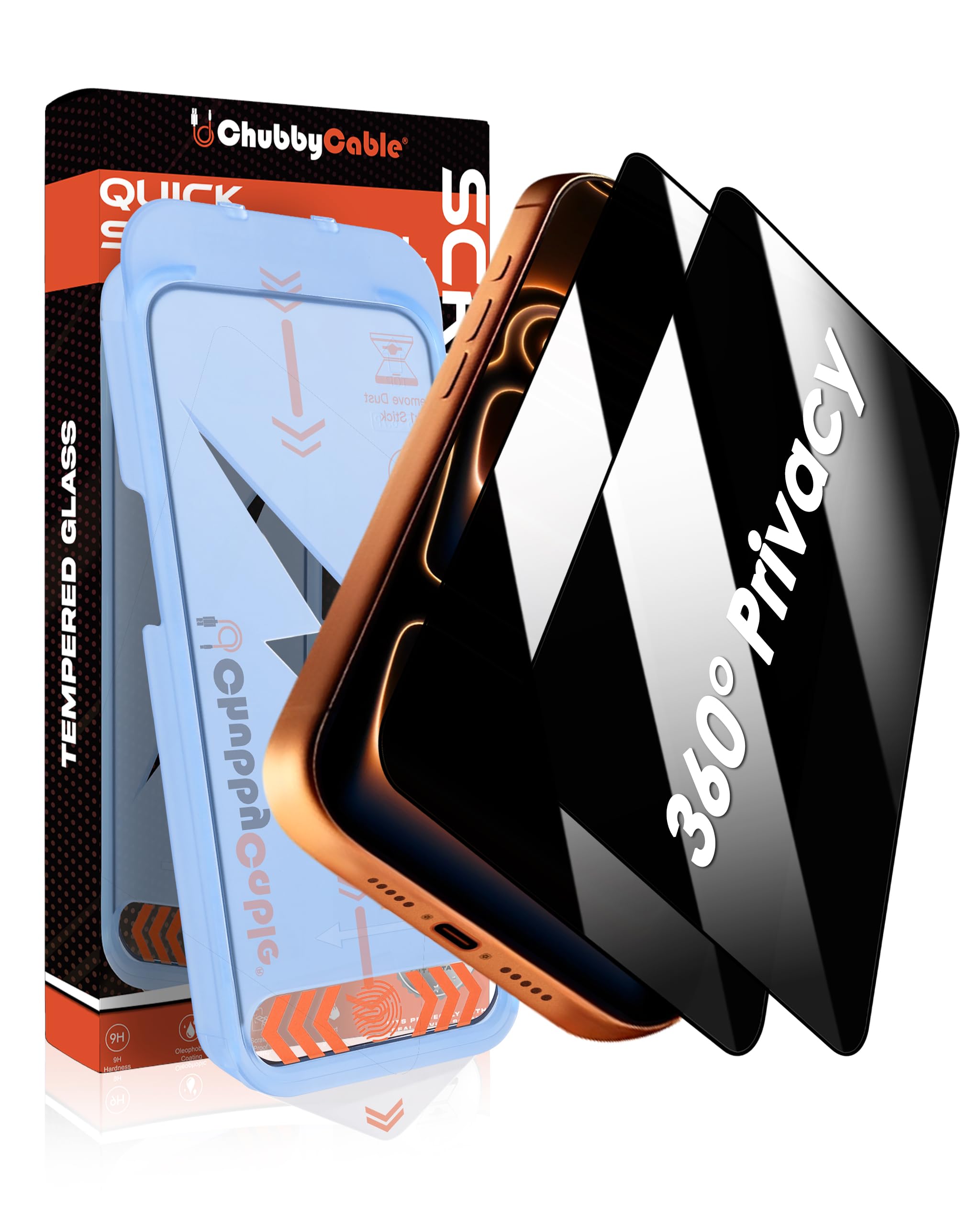 chubbycable 2PCS ChubbyShield Ultra for iPhone 17 Pro 360 Privacy Screen Protector, Anti-spy Screen Protector Privacy Glass with Ultra-easy Install Box, Auto Dust-Elimination & Bubble Free