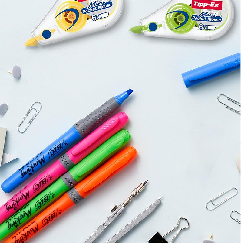 Kit Multicolore avec Rubans Correcteurs Mini Pocket Mouse, Stylos-bille Cristal Multicolour, Surligneurs Highlighter Grip et Feutres Intensity Dual Tip - Couleurs assorties, Pack de 23