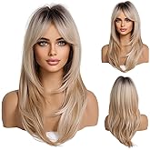HAIRCUBE Long Blonde Wigs for Women, Layered Synthetic Hair Wig with Dark Roots for Daily Party