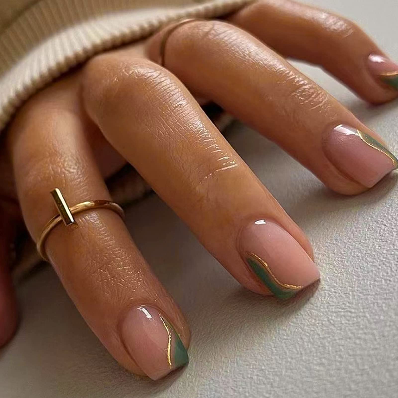 24Pcs Square Press on Nails Short, Green French Tips False Nails with Gold Lines Design, Glossy Acrylic Full Cover Stick on Nails Reusable for Women and Girls Nails Art — image 1