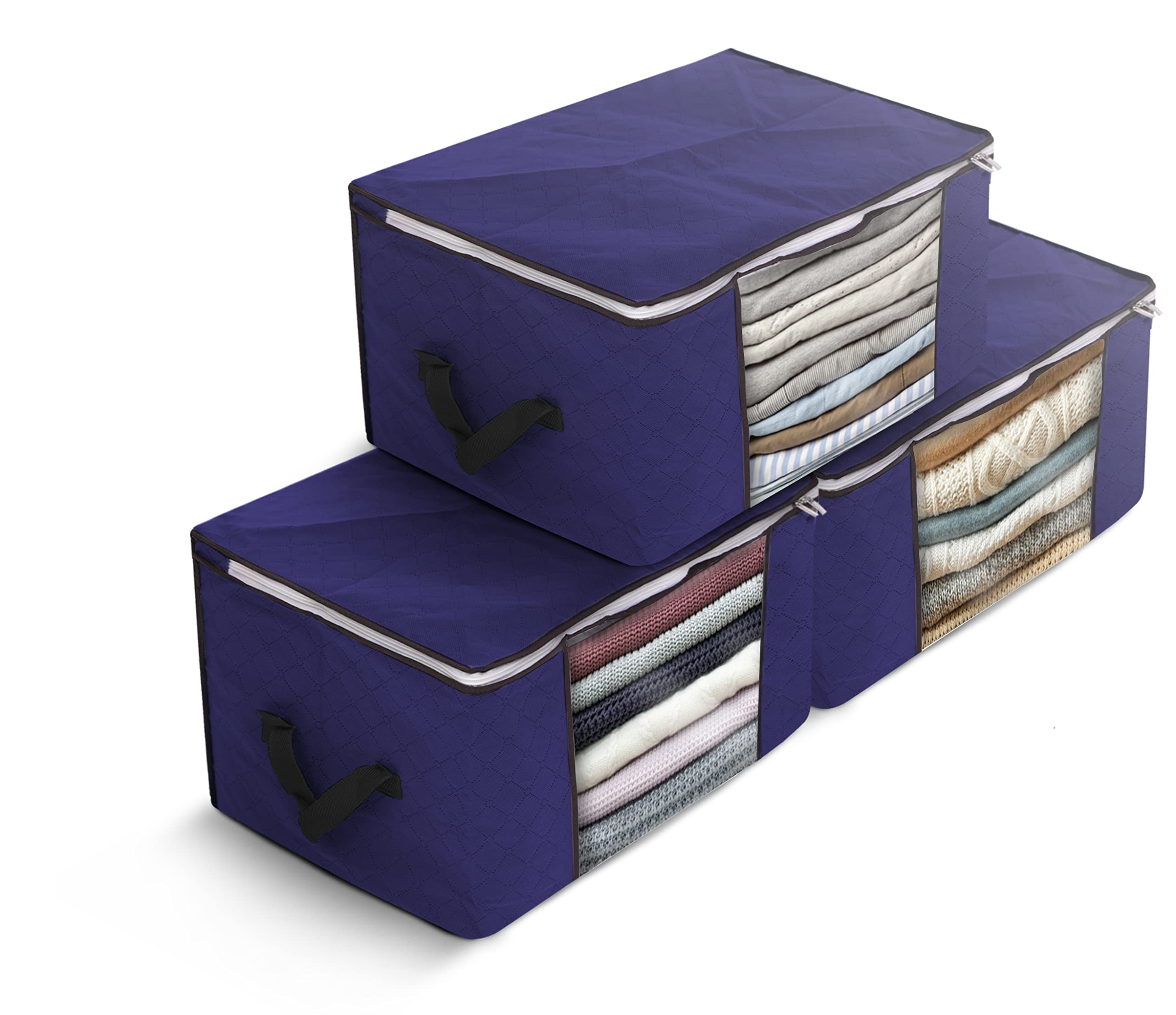 Delka 90L Storage Bags with Lids, Large Storage Boxes with lids, Storage Unit for Clothes, Duvets, Blankets, Toys, Pack of 3 Foldable Organizers with Reinforced Handles and Clear Window - Blue