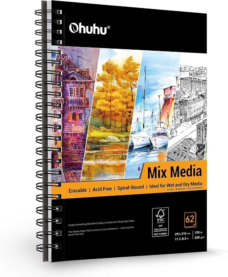 Ohuhu A4 Mixed Media Sketchbook 200gsm 124 Pages Spiral Bound