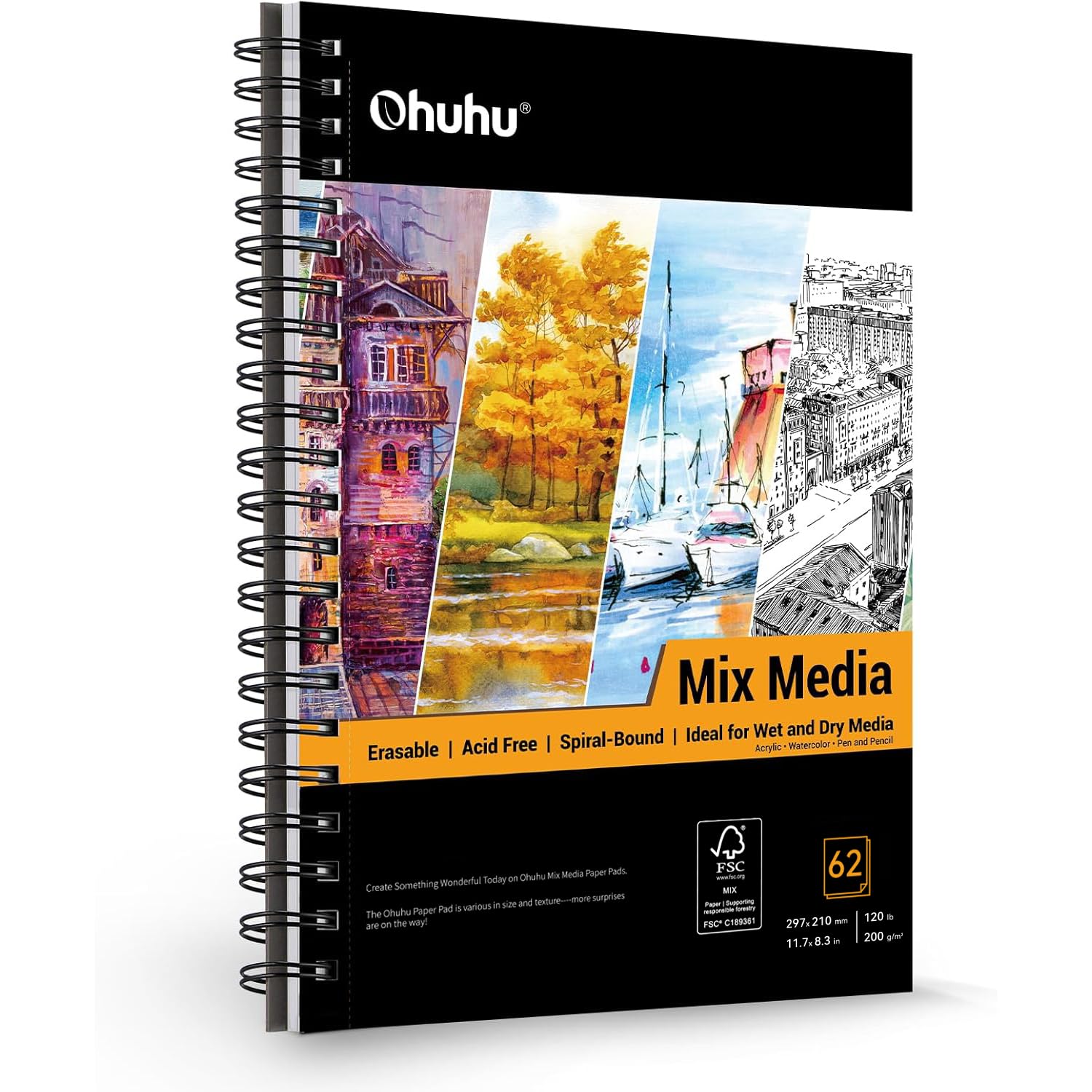 Ohuhu A4 Mixed Media Sketchbook - 200gsm 124 Pages (62 Sheets) Acid-Free Paper, Spiral Bound Artist Drawing Book for Wet & Dry Media - Ideal for Watercolour, Acrylic, Pencil & Pastels