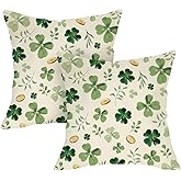 Fjfz St Patricks Day Decorative Throw Pillow Covers 18 x 18 Set of 2, Lucky Shamrock Clover Gold Coins Porch Outdoor Home Decor, Irish Spring Leaves Sofa Couch Cushion Case