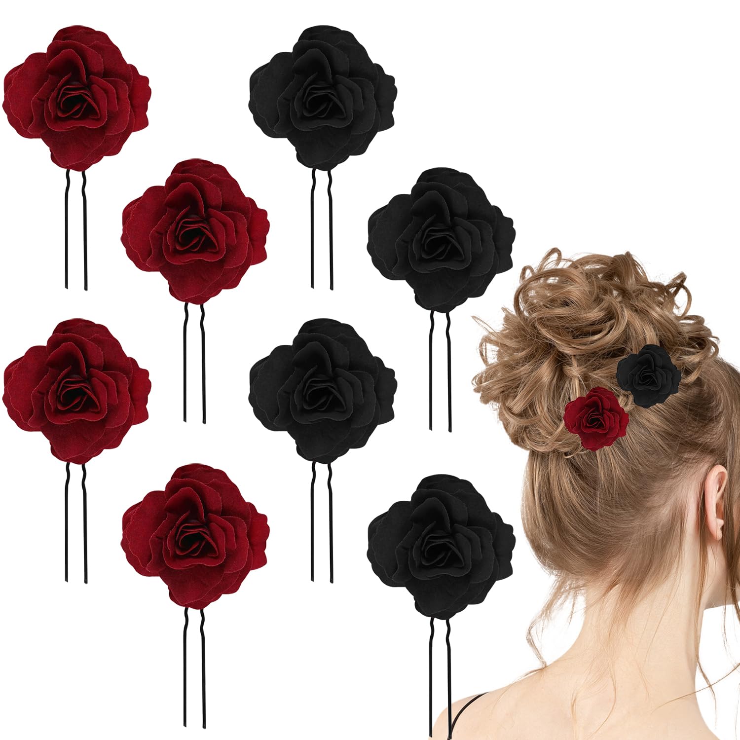 8 PCS Black Rose Flower Hair Clips U Shape Floral Bobby Pins,Vintage Rose Hair Accessories for Women Girls Party Beach Wedding