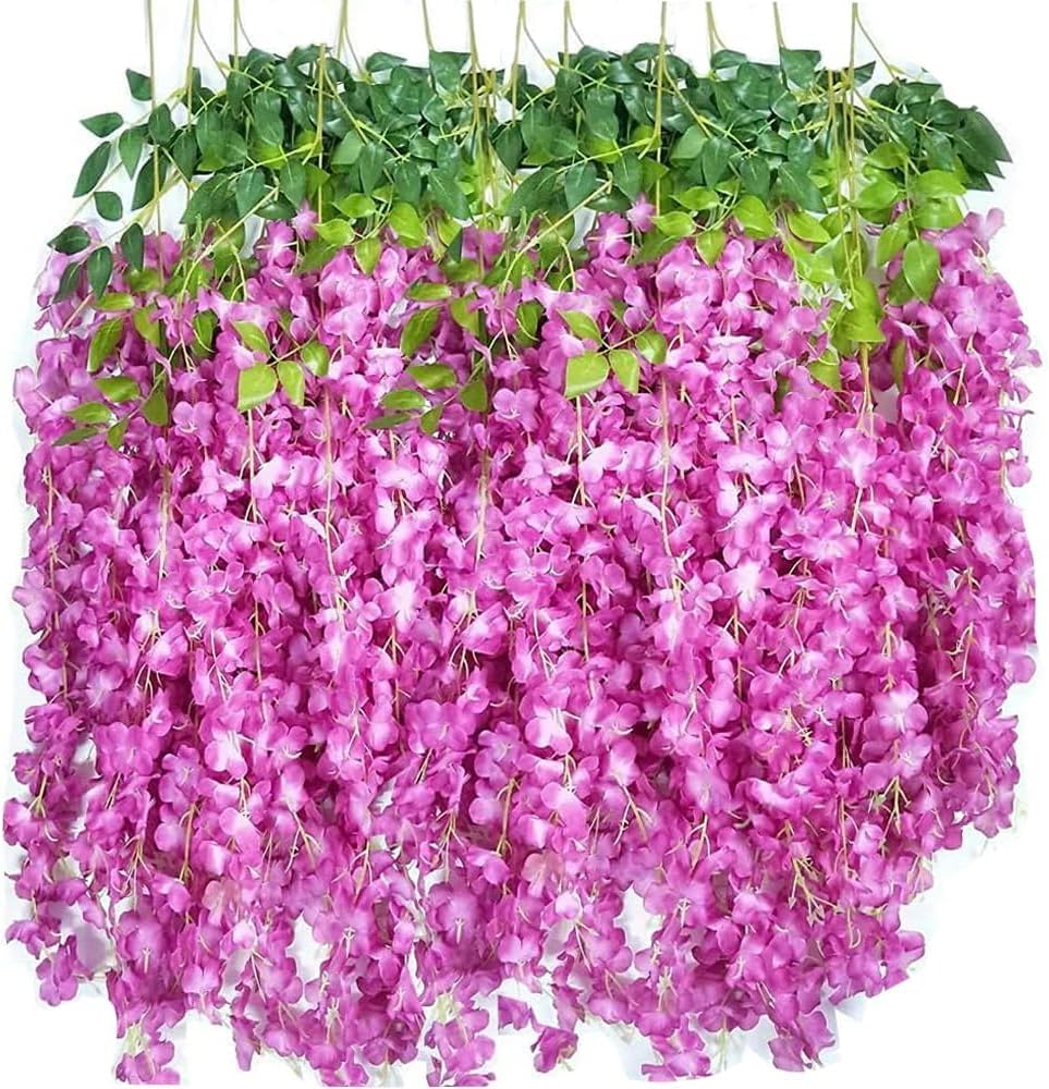 SZJH 12pcs 3.6 Feet/Piece Artificial Fake Wisteria Vine Ratta Hanging Garland Silk Flowers String Home Party Wedding Decor (Purple Red)