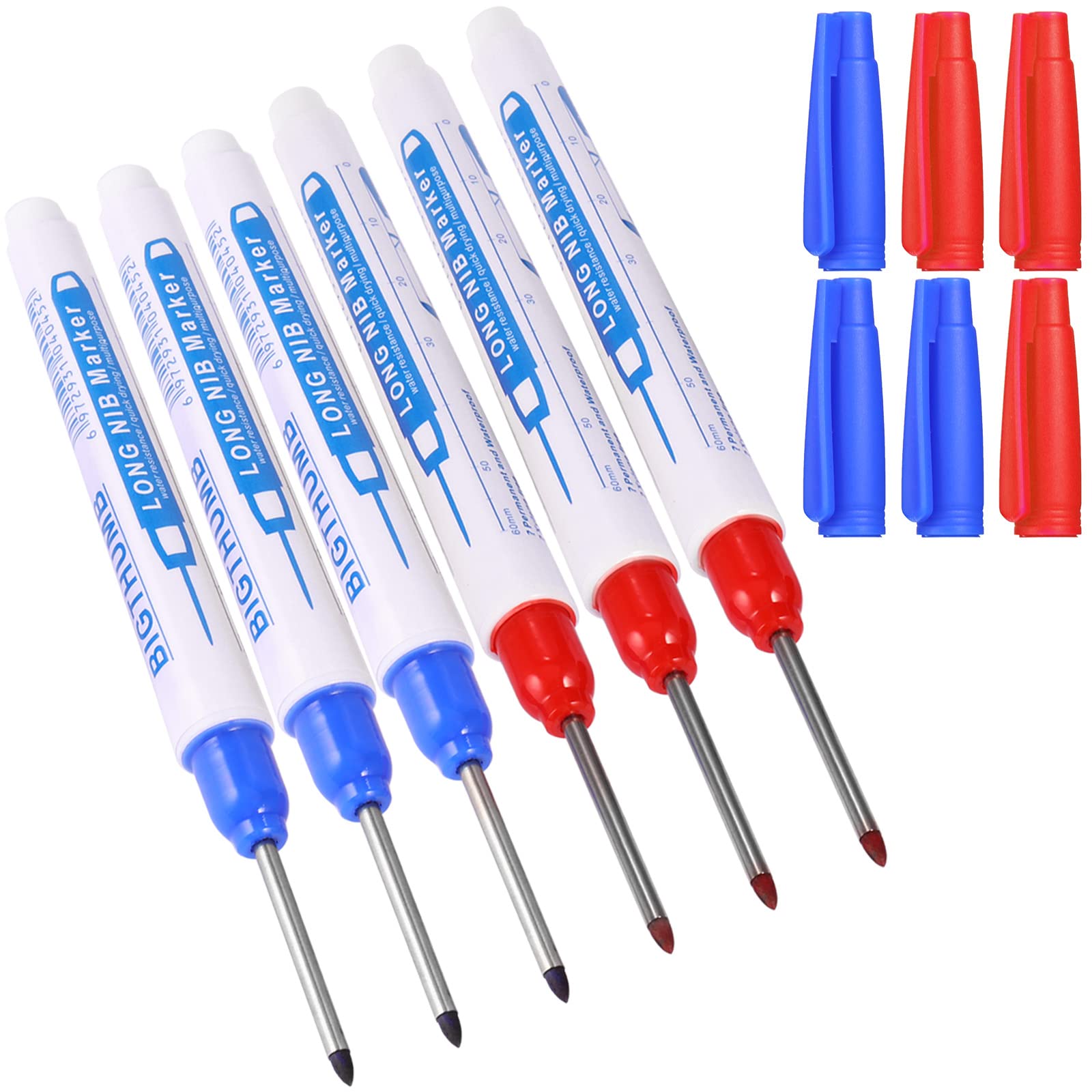 UNOLIGA 6pcs Deep Hole Marker Pens, Carpenters Pen, 30mm Long Reach Pen Fine Tip Permanent Marker Pens, Borehole Marker Marking Tool for Permanent Marking of Hard to Reach Areas (Blue Red)