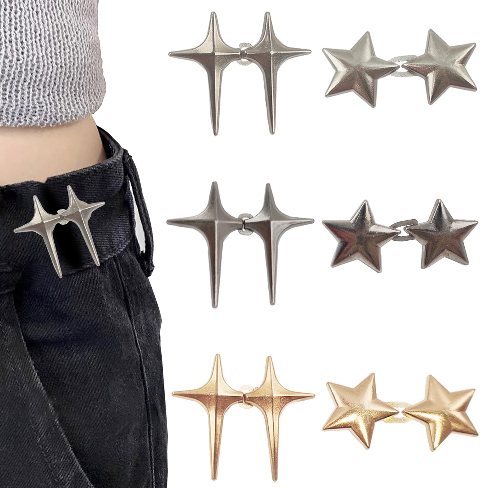 NVGVUP 6 Pairs Star Jean Waist Tightener, No Sewing Required Pants Waist Tightener Clips, Adjustable Pant Button Tightener, Pentagram Cross Star Reusable Jeans Buttons for Loose Jean Waistband