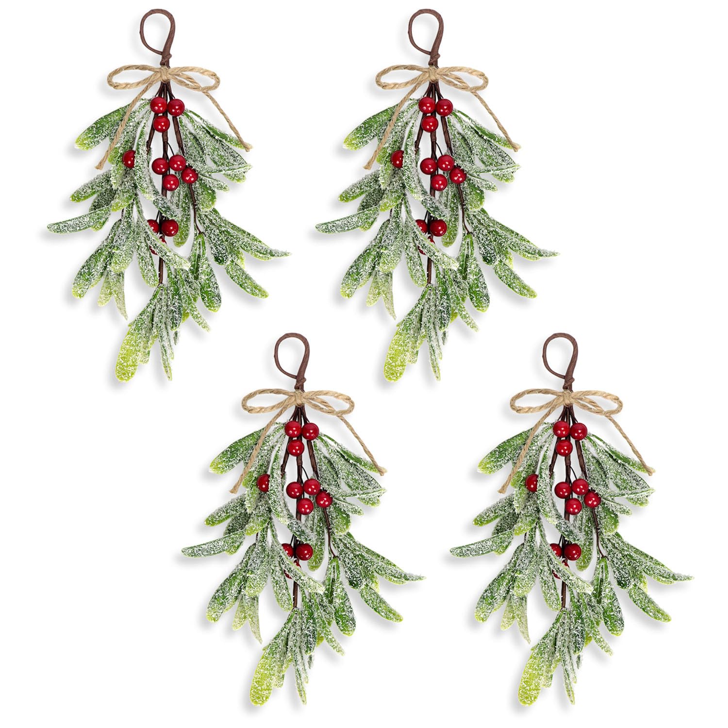 4 Pcs Christmas Artificial Mistletoe Decoration Picks, Jute Twine Bow Artificial Mistletoe Ornament Hanging Ornament Mistletoe Picks with White Berries for Christmas Tree Decoration (Red Berries)