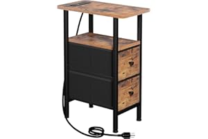 LOAKEKEL Narrow End Table Living Room with Charging Station, Skinny Side Table with Fabric Drawers, Slim Nightstand for Bedro