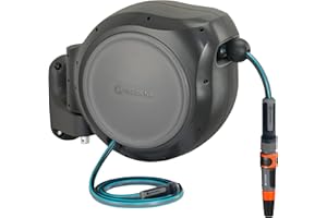 GARDENA 20505, 100' Retractable Garden Hose Reel with US Hose Threads - 100' x 1/2" hose, Automatic Retraction & Length Lock for Easy Watering. Heavy Duty Swivel Bracket 180°, Includes Nozzle.