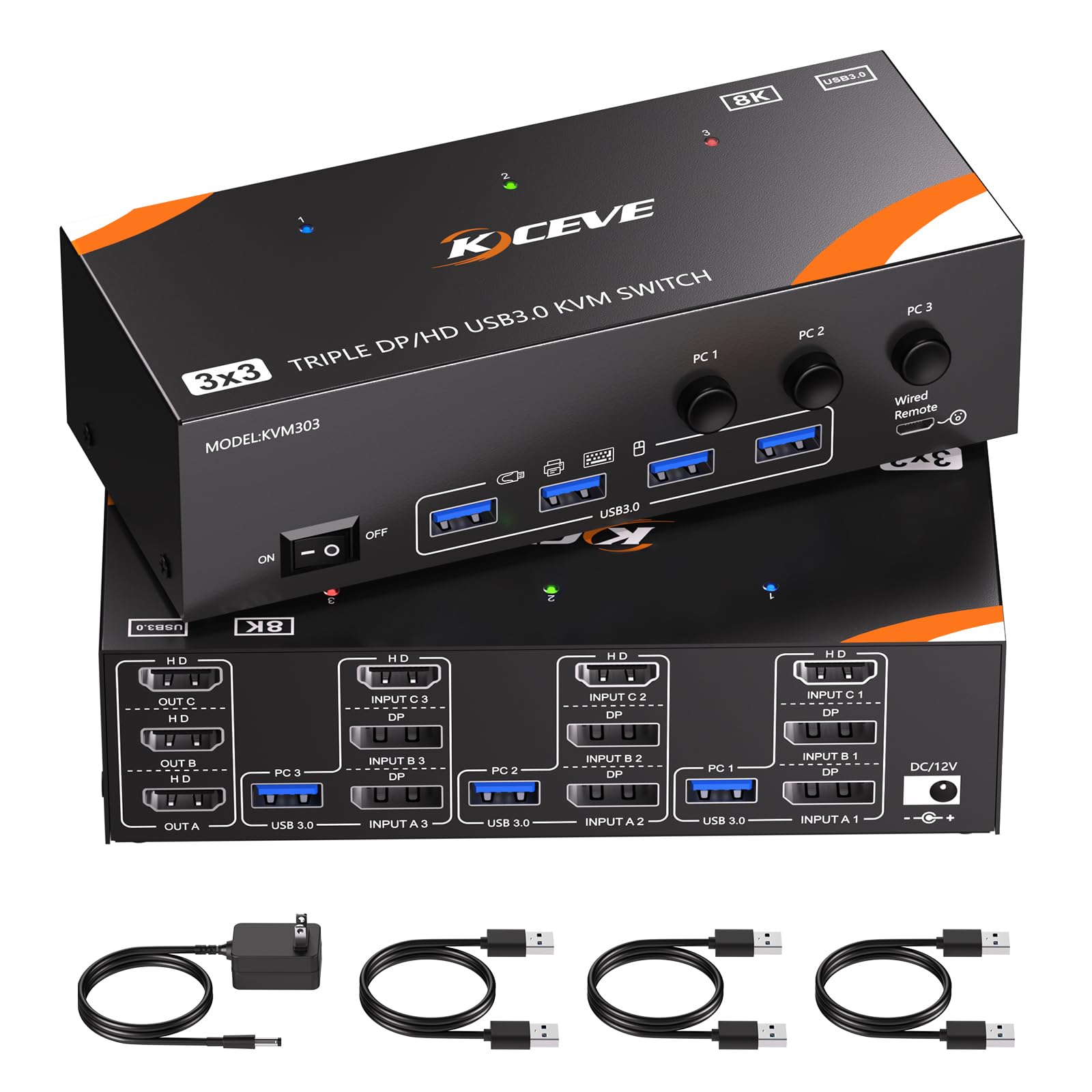 Photo 1 of KVM Switch 3 Monitors 3 Computers 8K@60Hz/4K@120Hz, HDMI DP KVM Switches for 3 PC Sharing Triple Monitor and Keyboard Mouse with Power Adapter, Wired Extend Controller and USB3.0 Cables