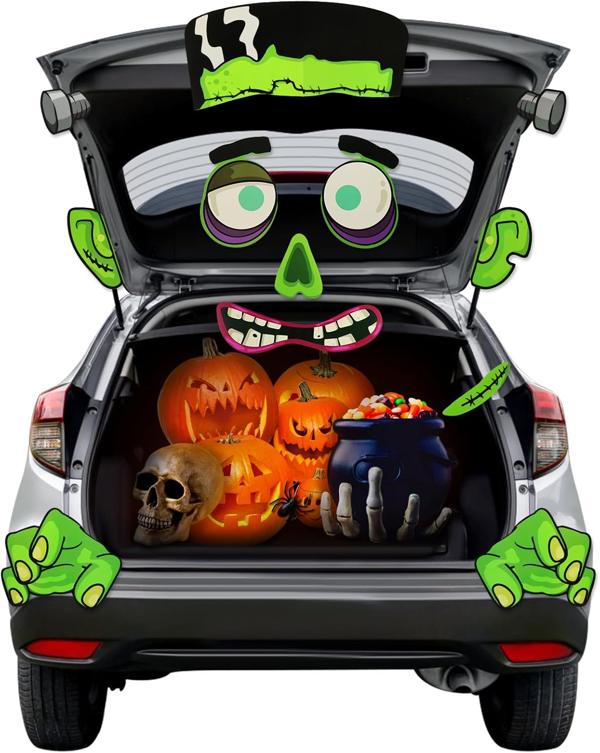 Garage Door Decorations - Motiloo Halloween Frankenstein Trunk or Treat Car Garage Decoration,with Forehead, Huge Eyes, Ears, Hands, Bolt Nostrils, Fangs and Dot Glue for SUV Car Archway Garage