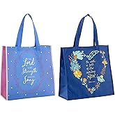 Trendzeen Inspirational Christian Tote Bags for Women - 2 Pack Religious Floral Scripture Totes, Reusable 6 Inch Gusset Bags for Bible Study and Church Events