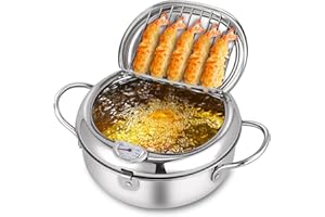 YCXMJYR Large Tempura Frying Pot with Lid. Deep Fry Pot with (°F) Thermometer and Oil Drip Drain Rack for family of 4-6 people 11" 4.4Qt