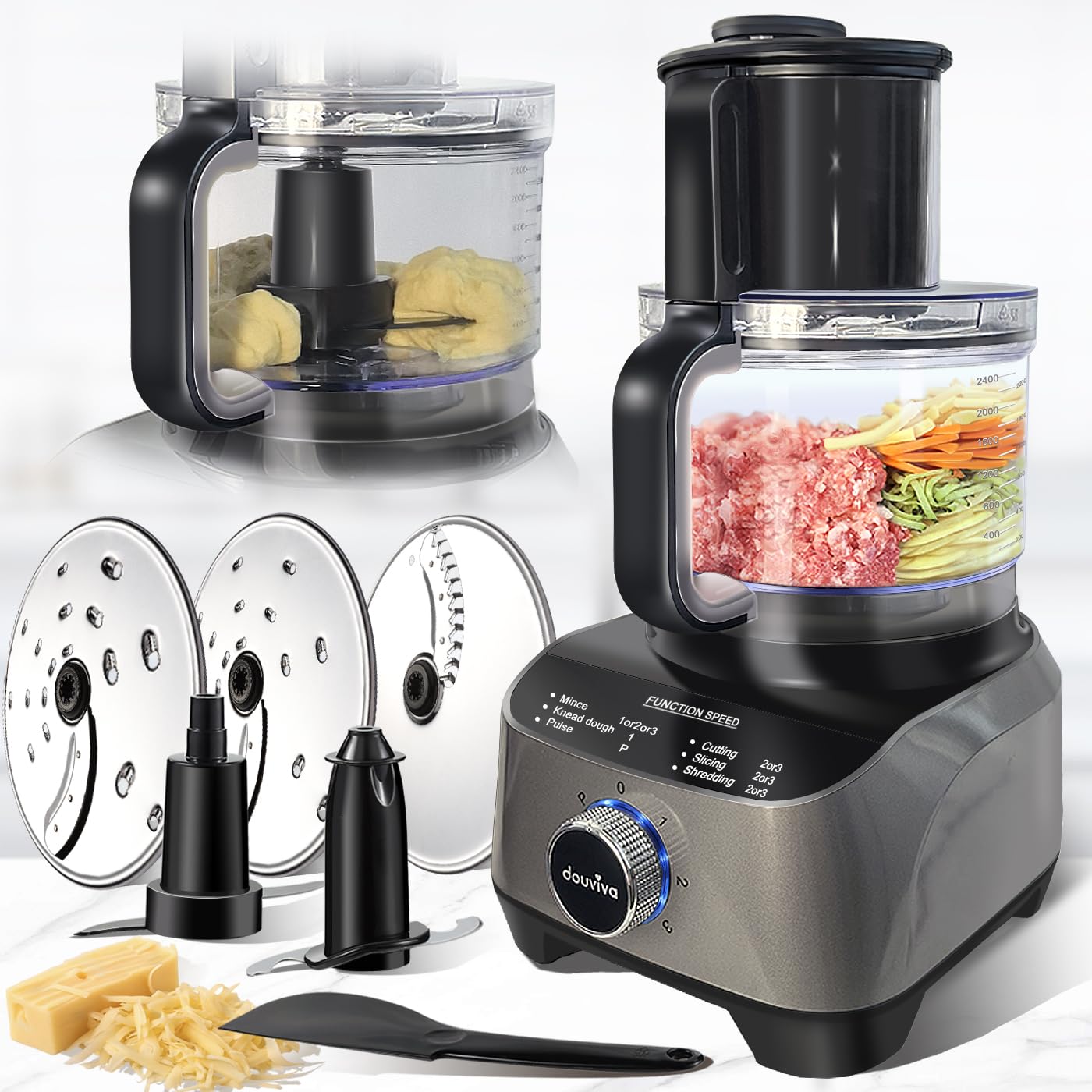 Photo 1 of 14 Cup Food Processor, French-Fry-Cutter, Blending, Mixing, Shredding, and Slicing, Meat and Vegetable Chopping, Doughing for Home Use, Mincing, and Pureeing,4 Speeds, Large Feed Chute,600W