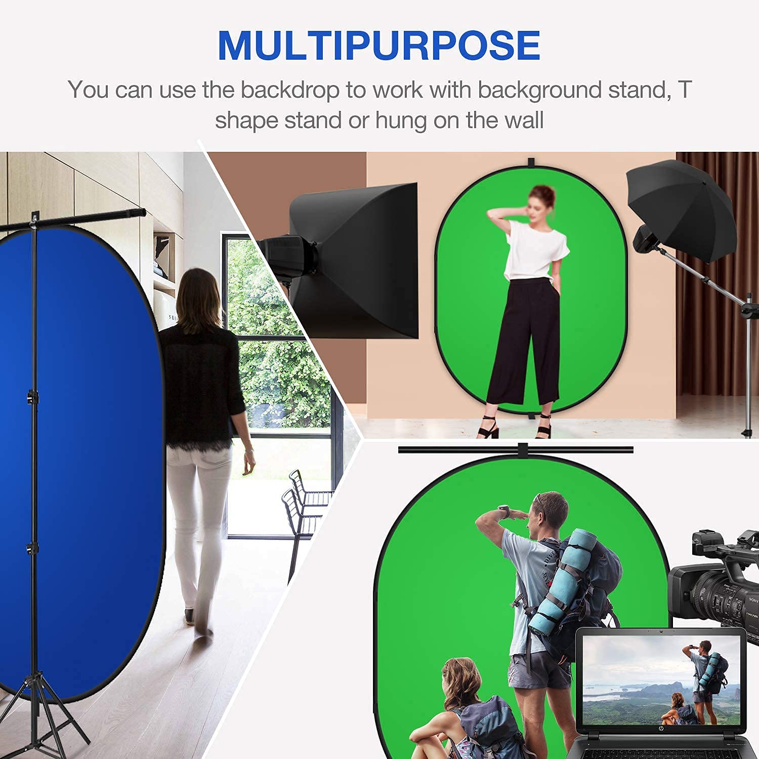 Yesker 5ft x 6.5ft Chromakey Backdrop, 2-in-1 Background Screen Green Screen and Blue Screen, Foldable Backdrop for Photography, Gaming and Live Streaming Green and Blue