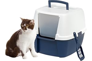 IRIS OHYAMA IRIS USA Cat Litter Box, Large Enclosure with Front Door Flap and Scoop, Covered Box with Handle and Buckles for Portability and Privacy, Navy/White