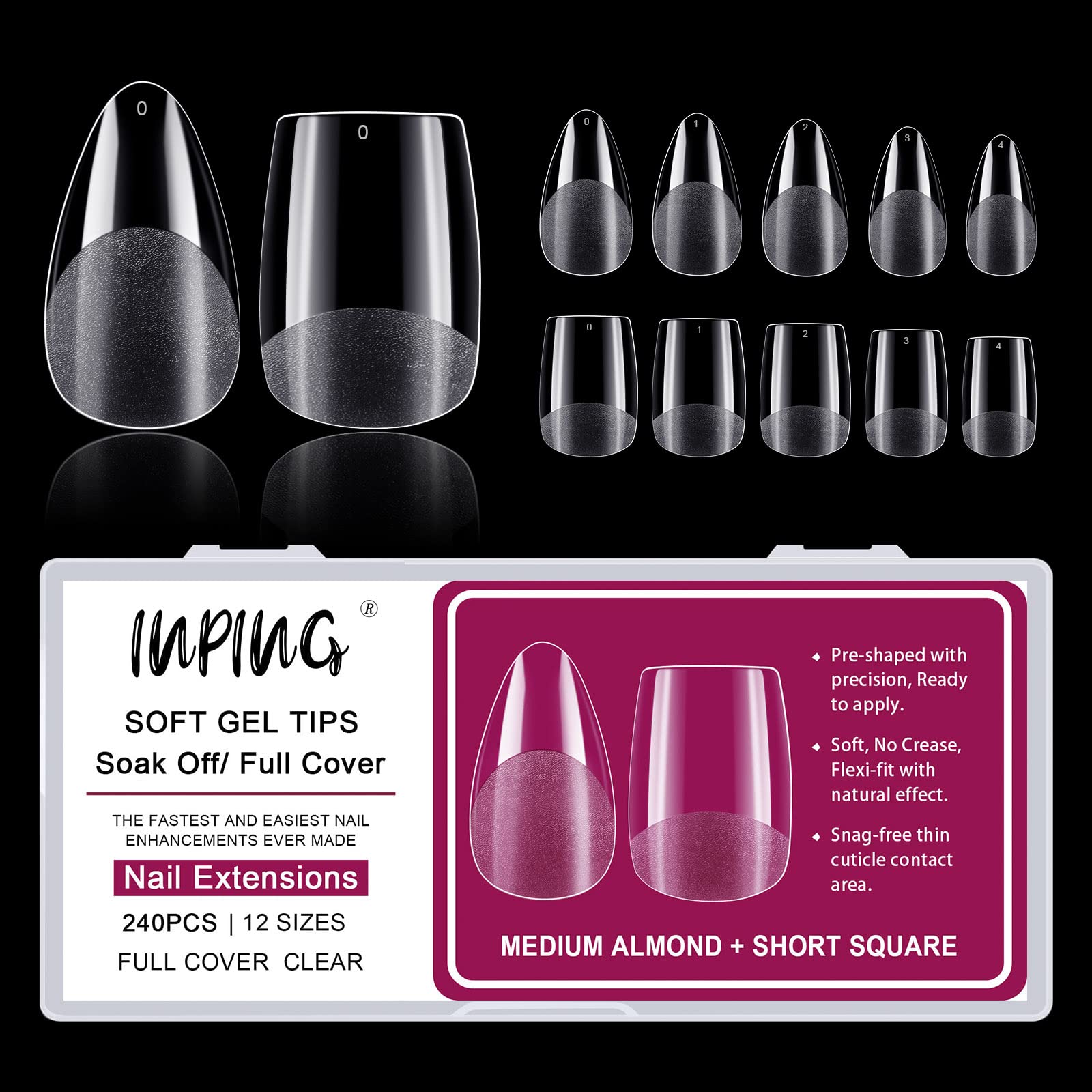 INPING Soft Gel Full Cover Nail Tips, 240PCS Medium Almond + Short Square Clear Gel Nails Tip Extensions Break Resistant Pre-Shaped Mix Acrylic Fake Nails for French Manicure Nail Salons, 12 SIZES — image 1