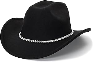 BAWNHAW Bling Rhinestone Western Cowgirl Hat for Women Men, Rolled Up Sparkly Star Felt Fedora, Retro Rodeo Panama Cowboy Hat