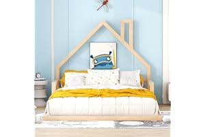 MERITLINE Full Size Floor Bed, Full Montessori Floor Bed Wood Frame with House-Shaped Headboard, No Box Spring Needed, for Kids Teens Adults -Natural