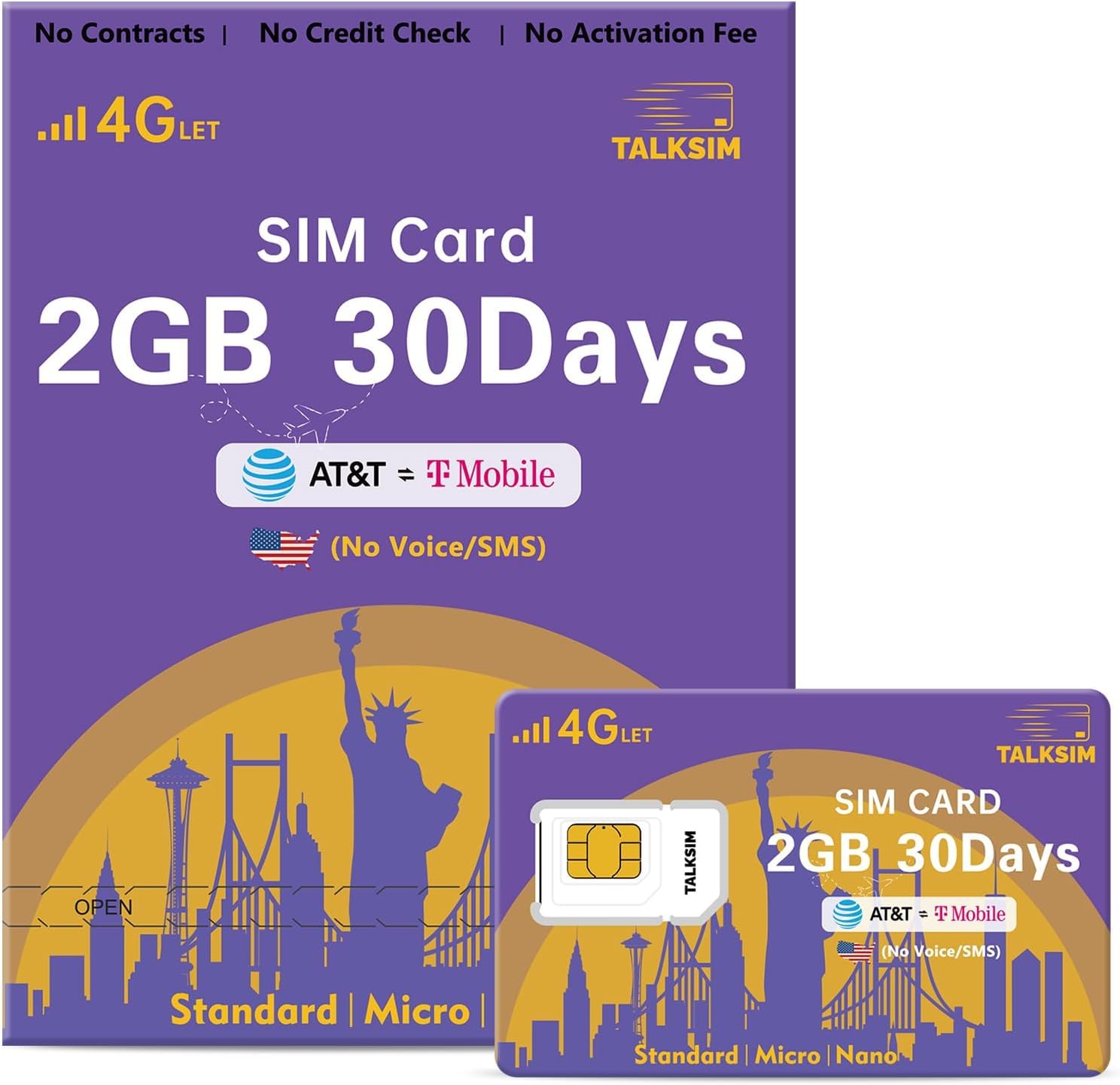 TALKSIM Data SIM Card 2GB 30Days, USA SIM 4G LTE Support AT&T, T-Mobile Network Compatible with Unlocked Security Camera/Router/Mobile WiFi Hotspot/GPS Tracker/Tablet iot Devices