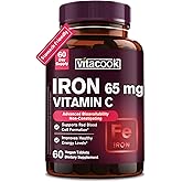 Iron Supplement for Women Men, High Potency Iron 65mg with Vitamin C 250mg, Stomach Friendly Iron Pills, Non-GMO & Gluten Free, 60 Vegan Tablets