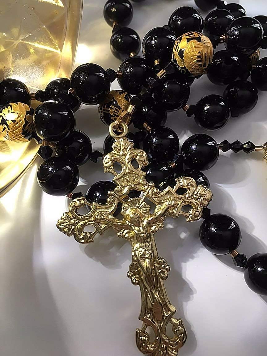 Stately and Elegant Black Agate Black Onyx and Gold Catholic Rosary