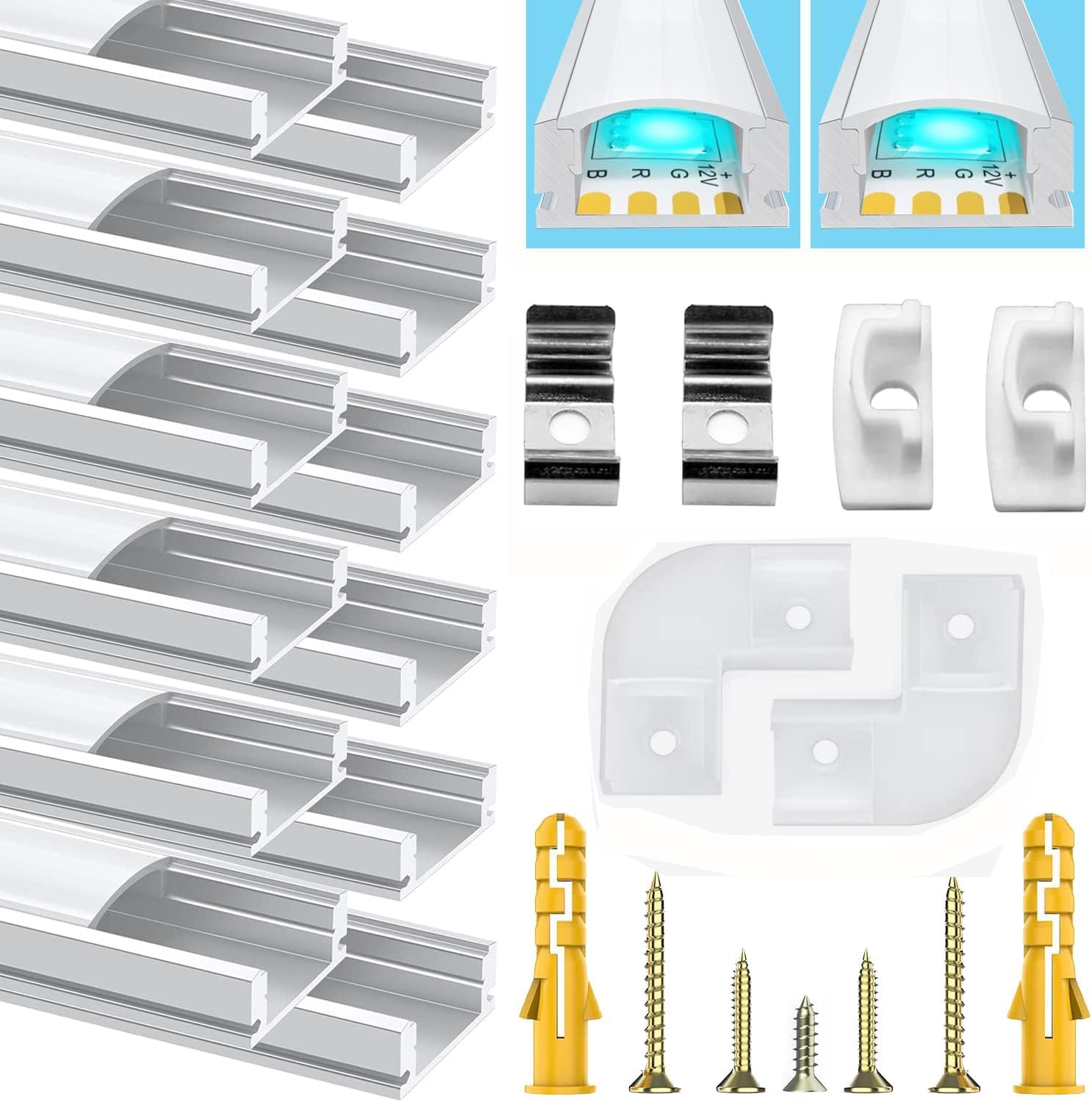 Chesbung 12 Pack U Shape Led Aluminum Profile for LED Strips, 1Meter/3.3ft Led Aluminum Channel with Milky White Cover, Led Track Diffusers with End Caps, Mounting Clips and 90 Degree Corner Connector
