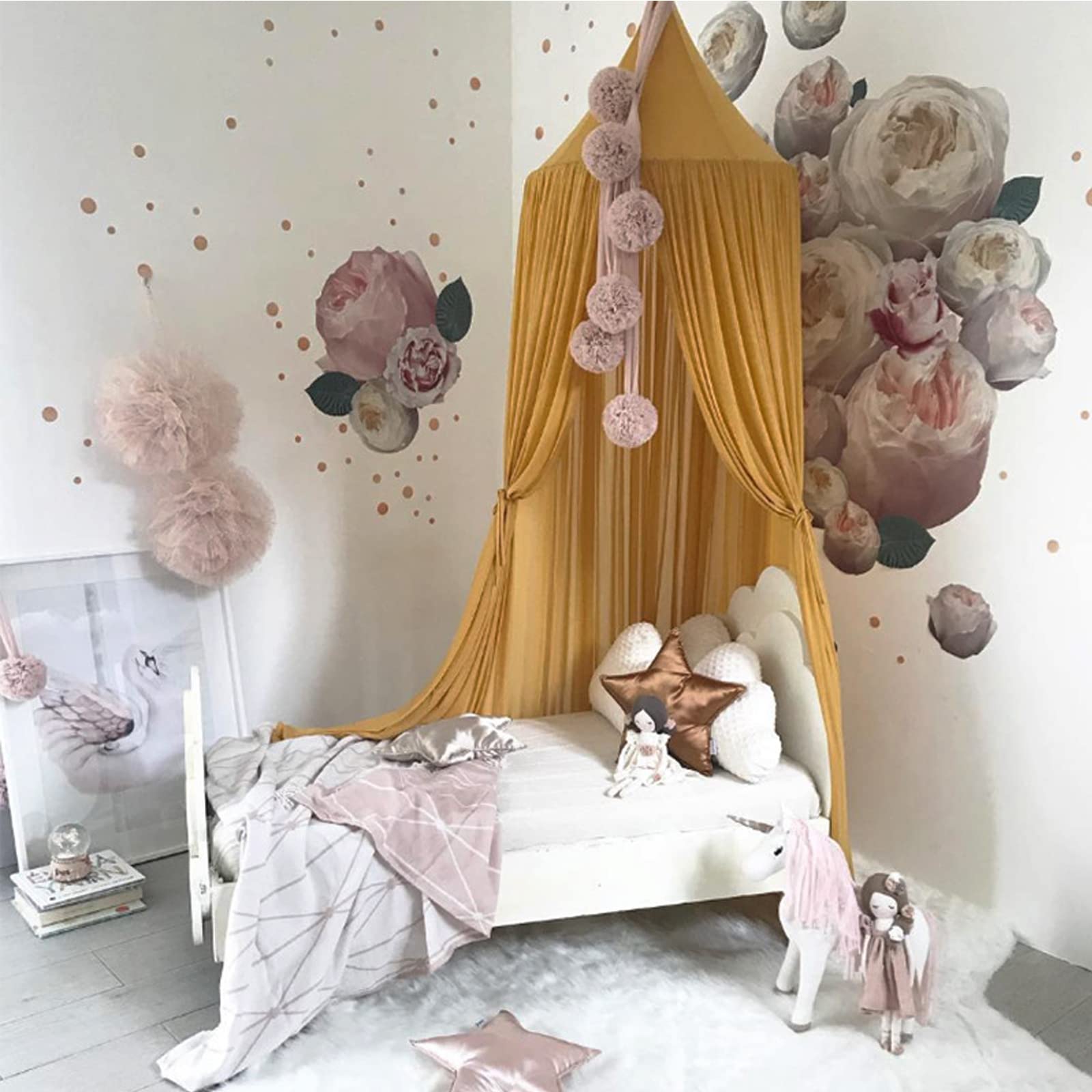 Dyna-Living Bed Canopy for Girls Yellow Canopy Bed Curtains Baby Dome ...