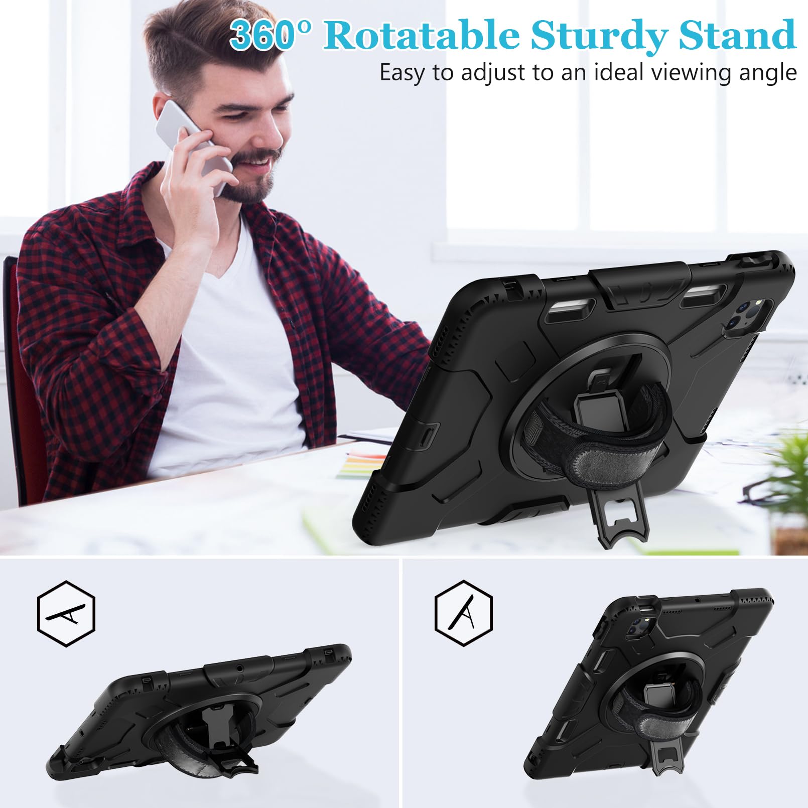 Case for iPad Pro 11 Inch (2022/2021/ 2020/2018): Silicone Cover for iPad 11 (4th/ 3rd/ 2nd/ 1st) Generation with Screen Protector- Stand- Handle- Shoulder Strap- Pencil Holder- Black