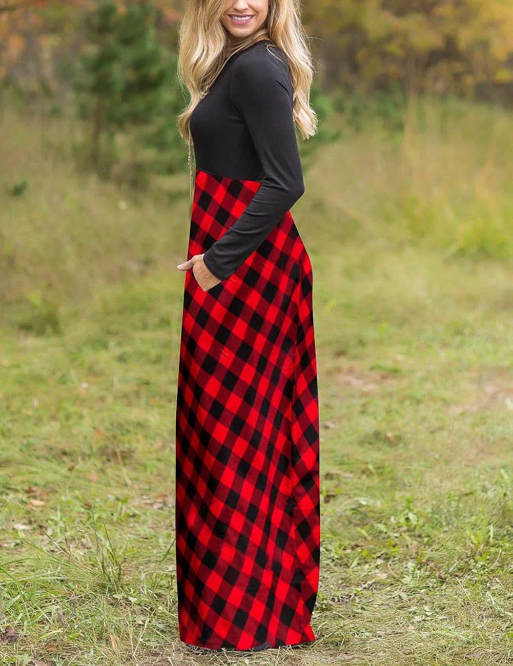 MEROKEETY Women's Plaid Long Sleeve Empire Waist Full Length Maxi Dress with Pockets at  Women’s Clothing store