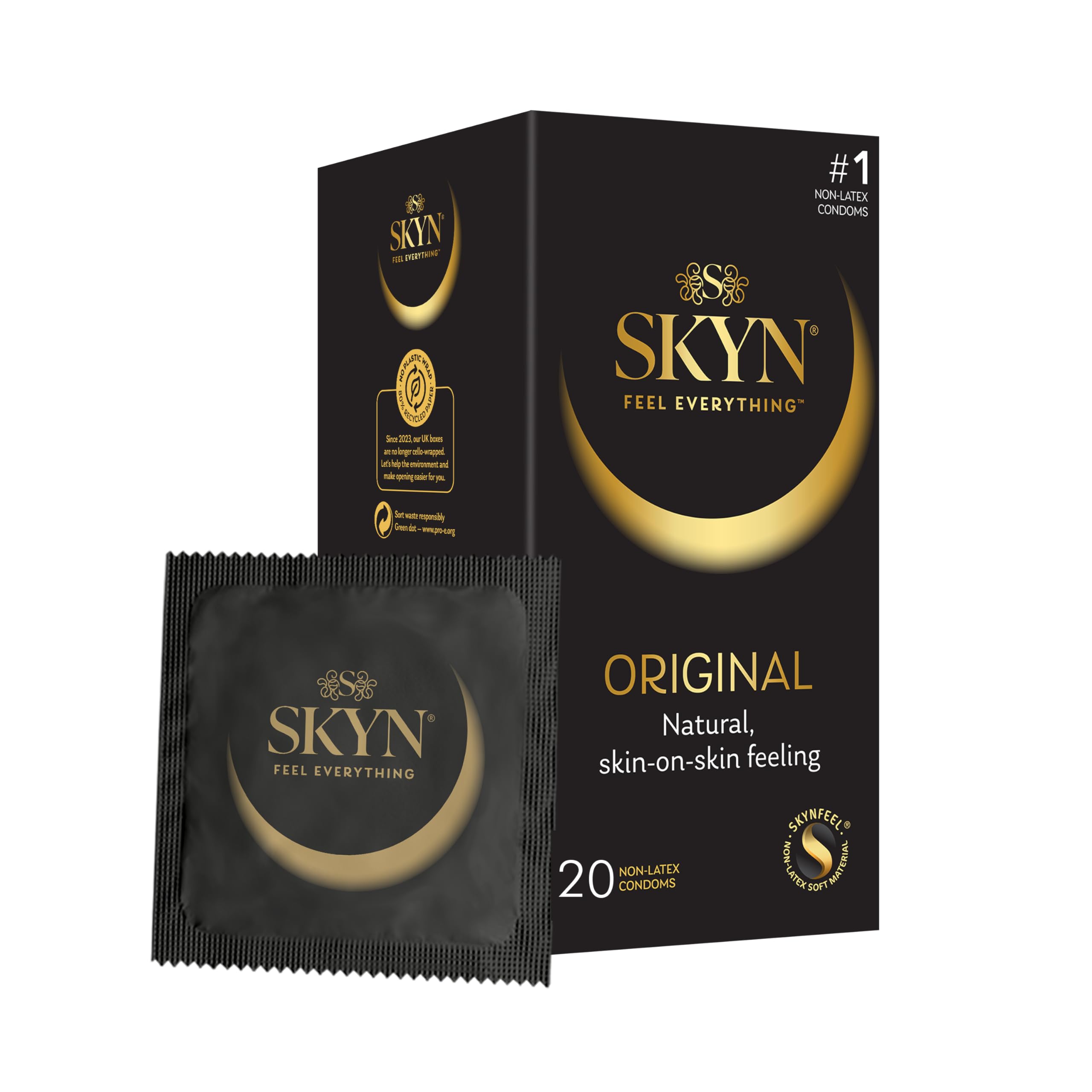 SKYN Original Condoms, Pack of 20, SKYNFEEL Latex-Free Condoms for Men, Regular Size, Strong & Thin, Smooth Straight Shape, Lubricated, 53mm Wide