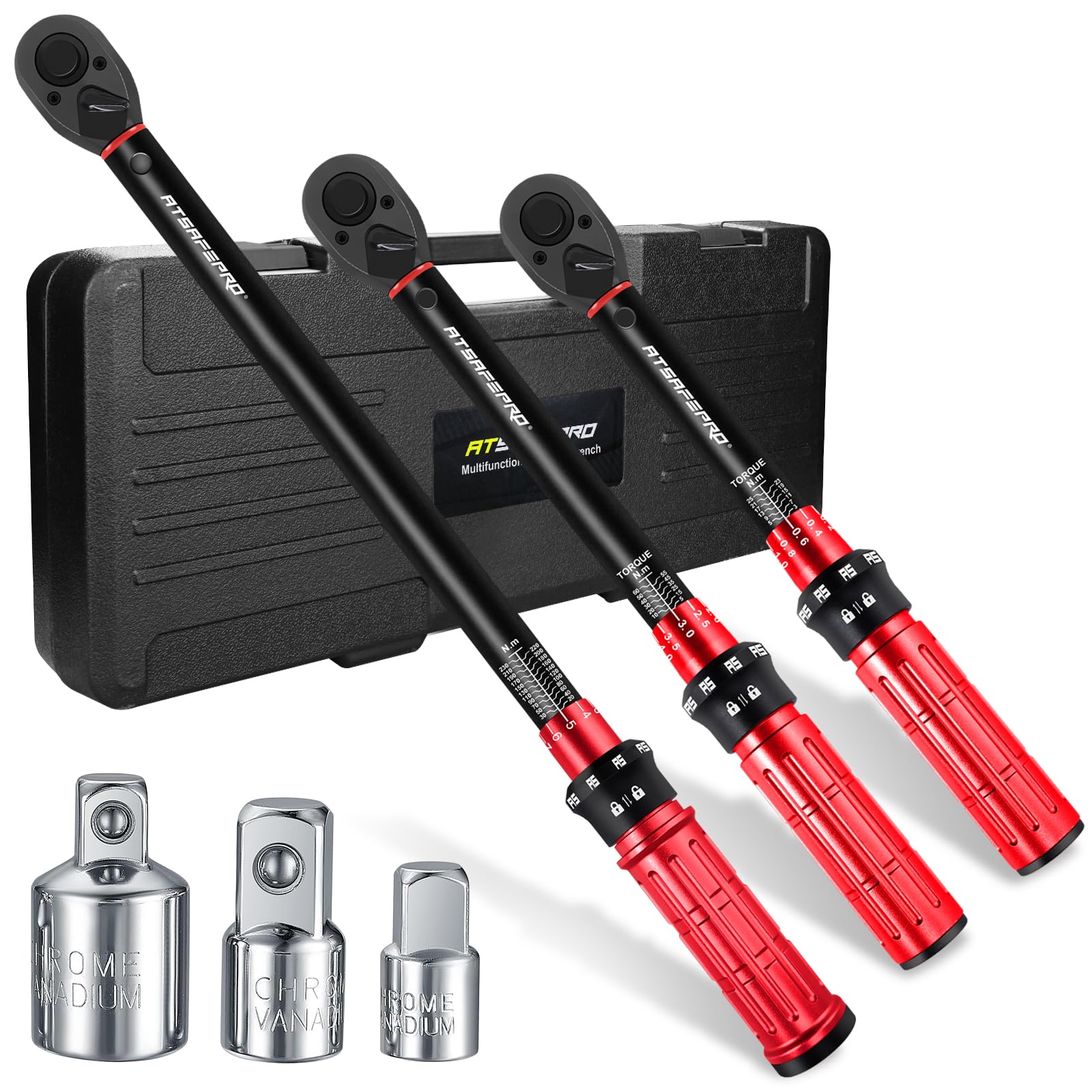 ATsafepro Torque Wrenches Set 1/4 3/8 1/2 inch Drive Click, Torque Wrench Bike Moto Auto 3-25NM 5-60NM 20-230NM, Dual Direction Adjustable 72 Tooth with 1/4‘’ to 3/8‘’ to 1/2‘’ Three Socket Adapter