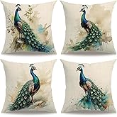 7COLORROOM Set of 4 Vintage Style Peacock Throw Pillow Cover with Flower &Green Leaves Cushion Cover Cotton Linen Home Decors Square Pillowcases 18"X18" for Couch/Sofa/Bedroom (Blue)