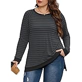 VISLILY Womens-Plus-Size-Sweatshirts Trendy Striped Color Block Tops Casual Raglan Long Sleeve Shirts Side Split Hem Tunics