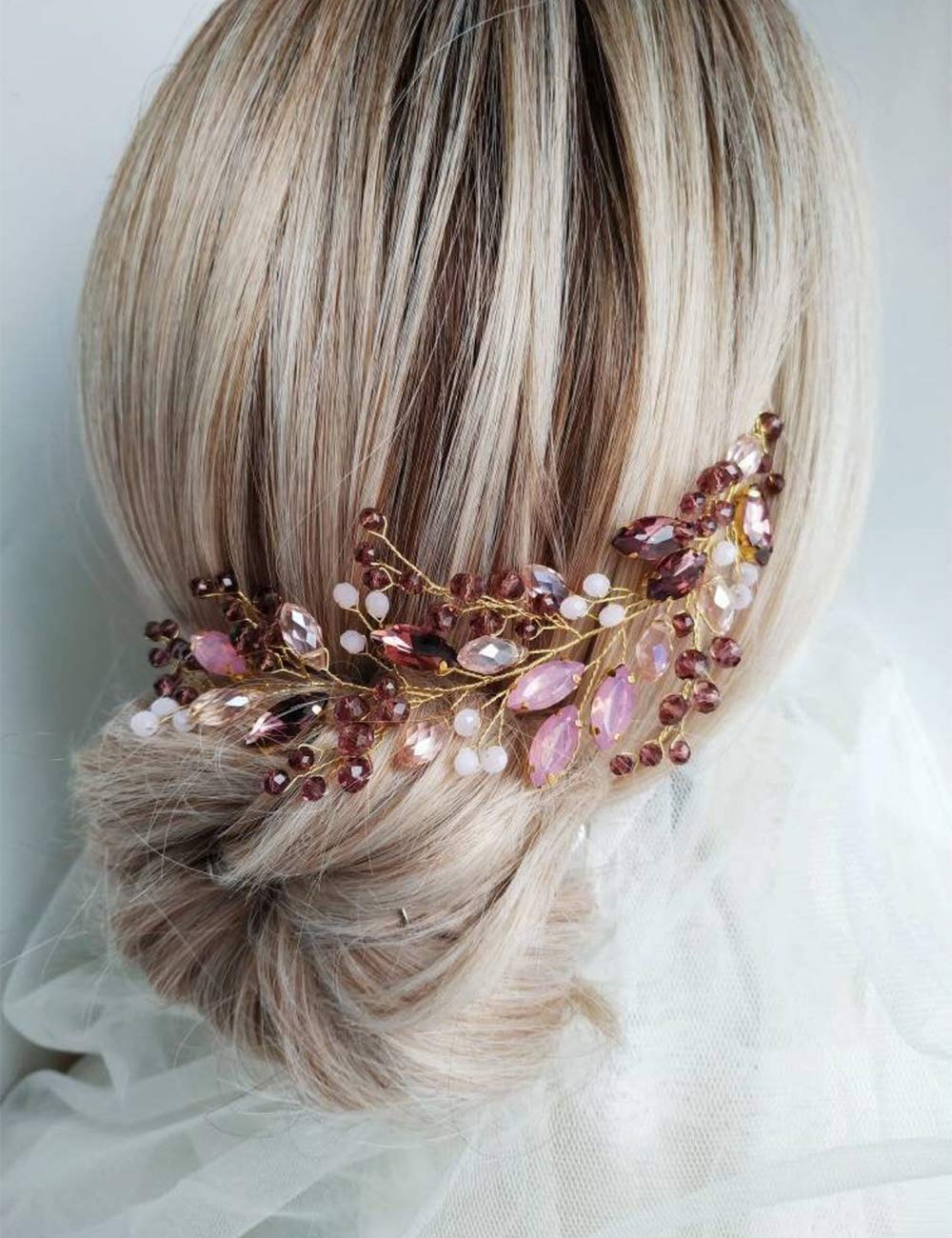 Anglacesmade Bridal Pink Purple Crystal Hair Vine Amethyst Marquise Opal Crystal Headband Boho Wedding Hair Accessories for Women and Girls