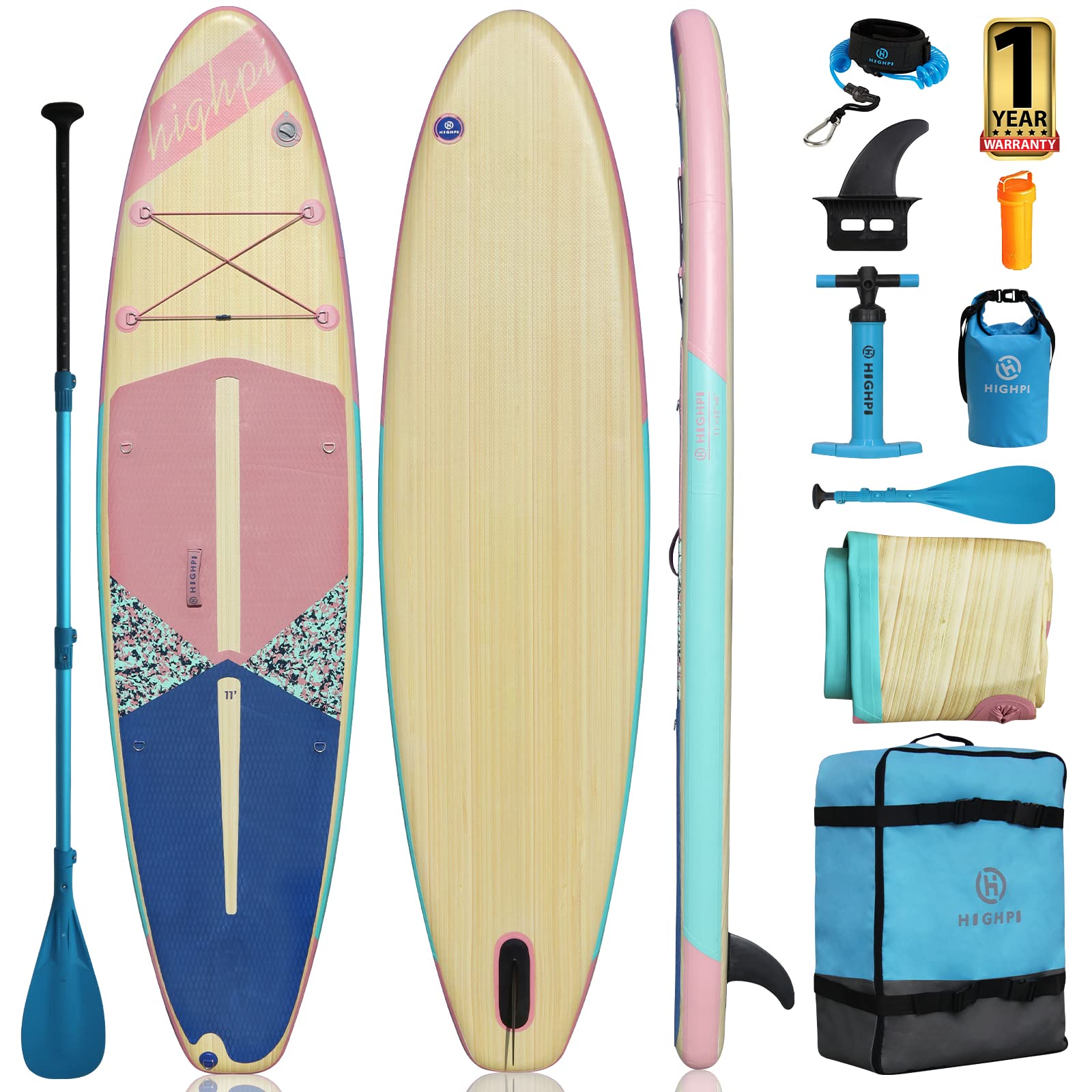 Photo 1 of Highpi Inflatable Stand Up Paddle Board 11'x33''x6'' Vertically Center-Folded SUP, W Premium Accessories, Wide Stance, Surf Control, Non-Slip Deck, Paddle and Pump, Standing Boat for Youth and Adult