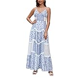 Women Floral Patchwork Maxi Dress V Neck Sleeveless Cross Back Spaghetti Strap Tiered Sundress Summer Long Dress