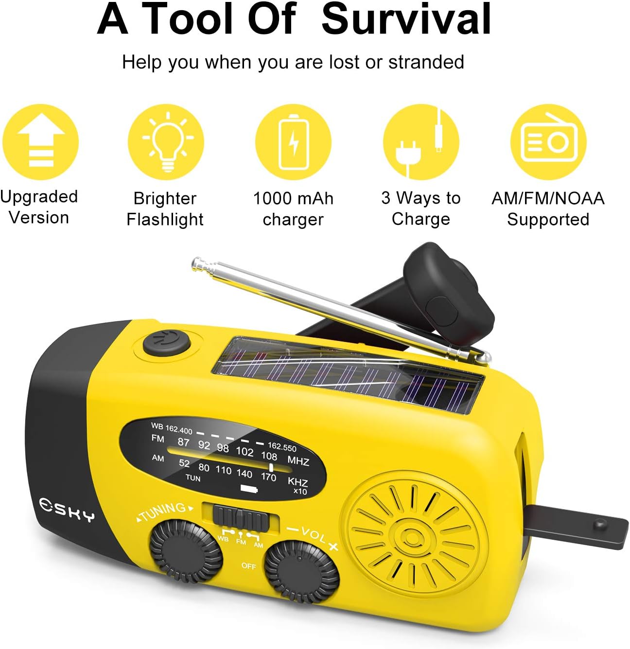 [Upgraded Version]Emergency Radio, Esky 3W LED Flashlight Hand Crank Radio, Self Powered AM/FM NOAA Weather Radio, Portable Solar Radio 1000mAh Power Bank USB Charger for iPhone/Smart Phone (Yellow): Electronics