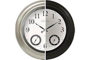 Presentime & Co 24" Jameson Illuminated in/Outdoor Clock, Modern Farmhouse, Self-Illuminated, Waterproof, Weather Station (Thermometer & Hygrometer), Metal Clock, Morning Silver. (Night Light)